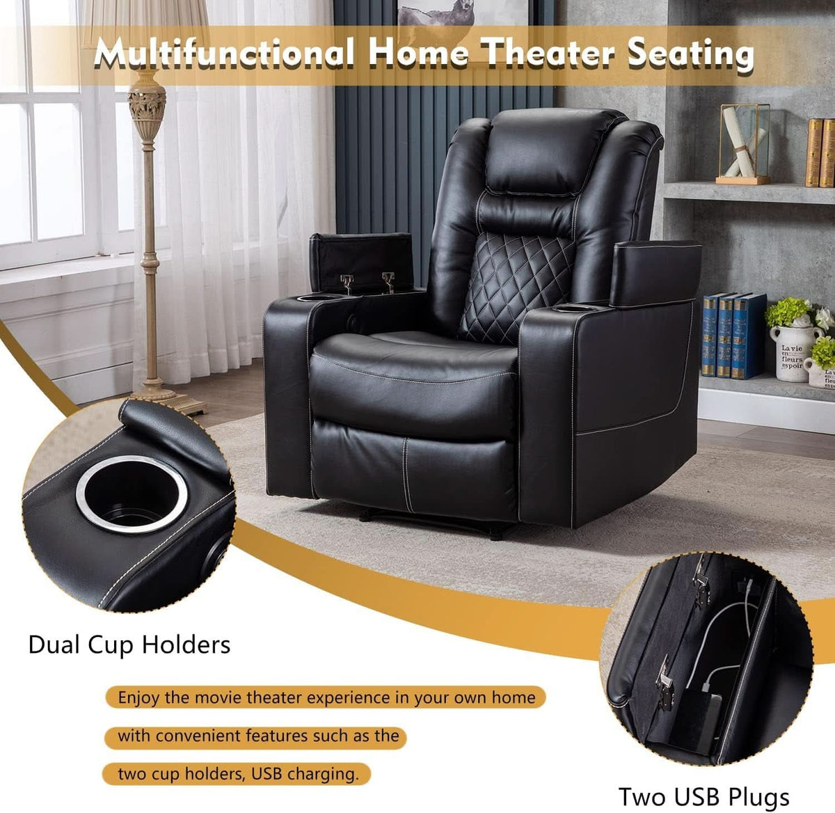 Black Leather Power Recliner With Usb And Cup Holders