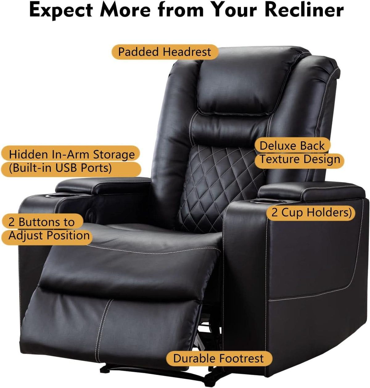 Black Leather Power Recliner With Usb And Cup Holders