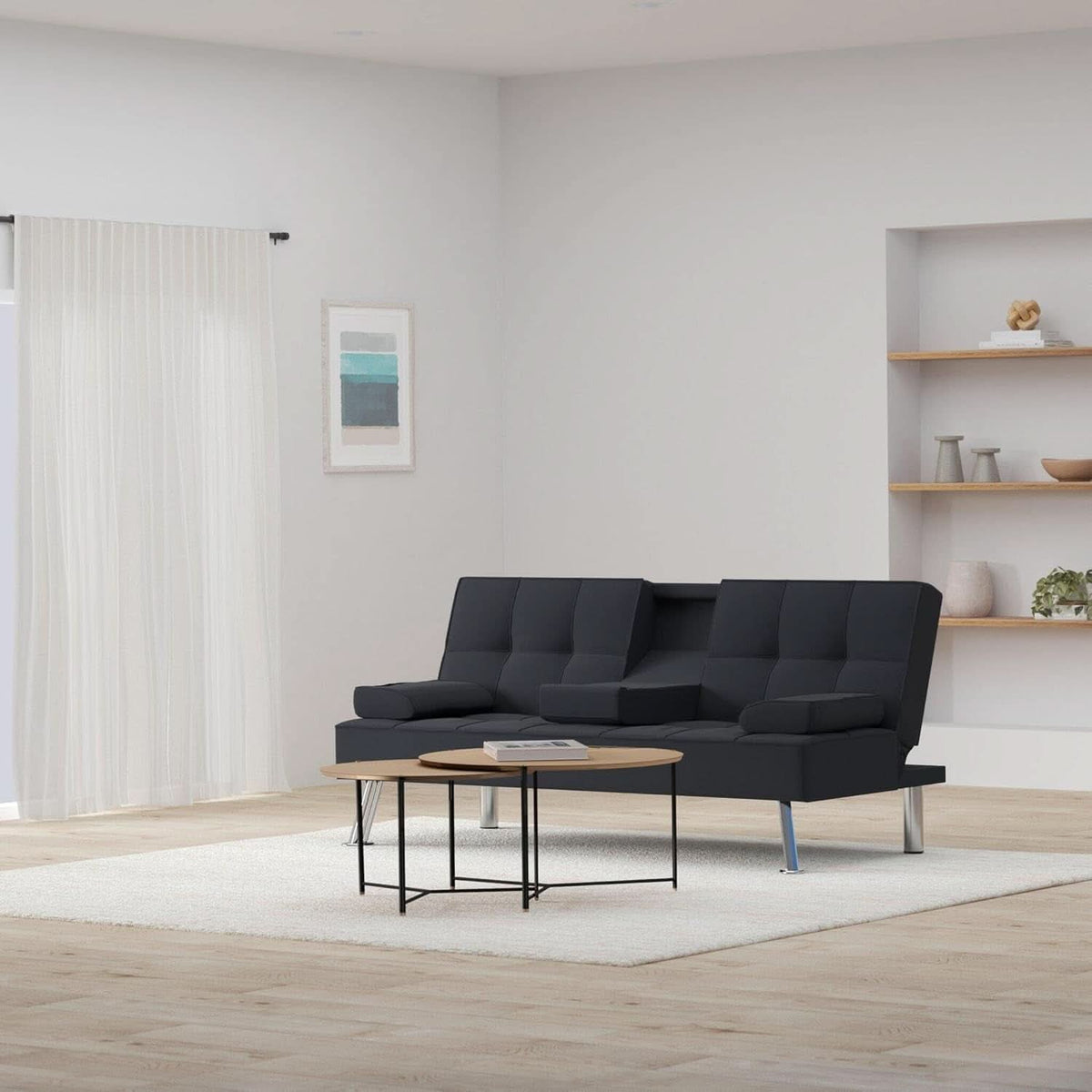 Black Linen Folding Futon Recliner With Cupholders