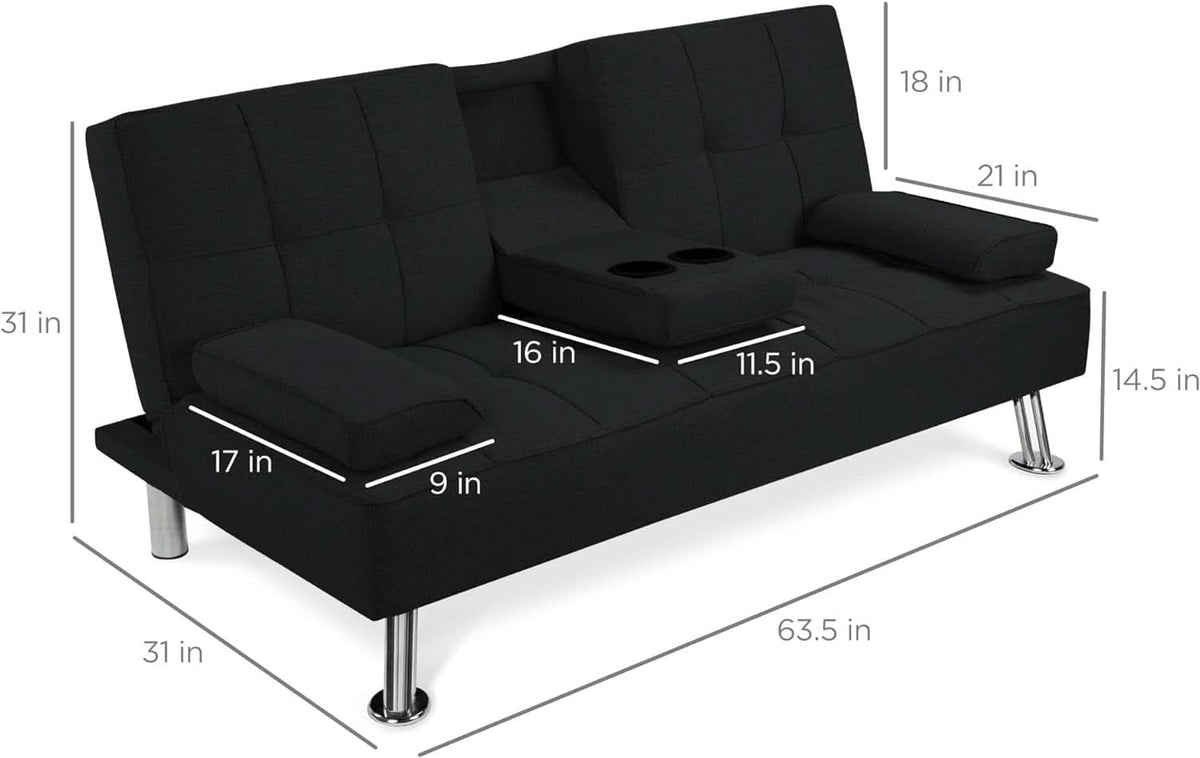 Black Linen Folding Futon Recliner With Cupholders