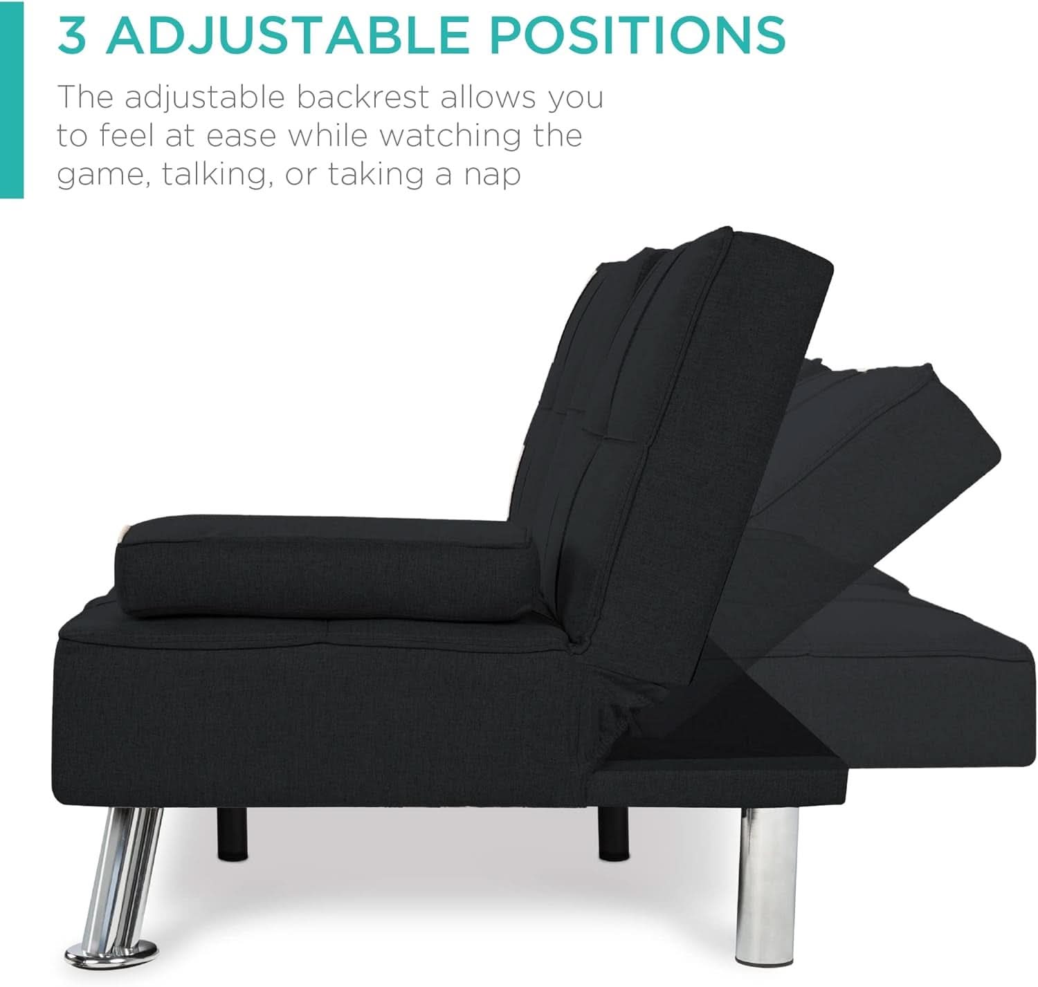 Black Linen Folding Futon Recliner With Cupholders