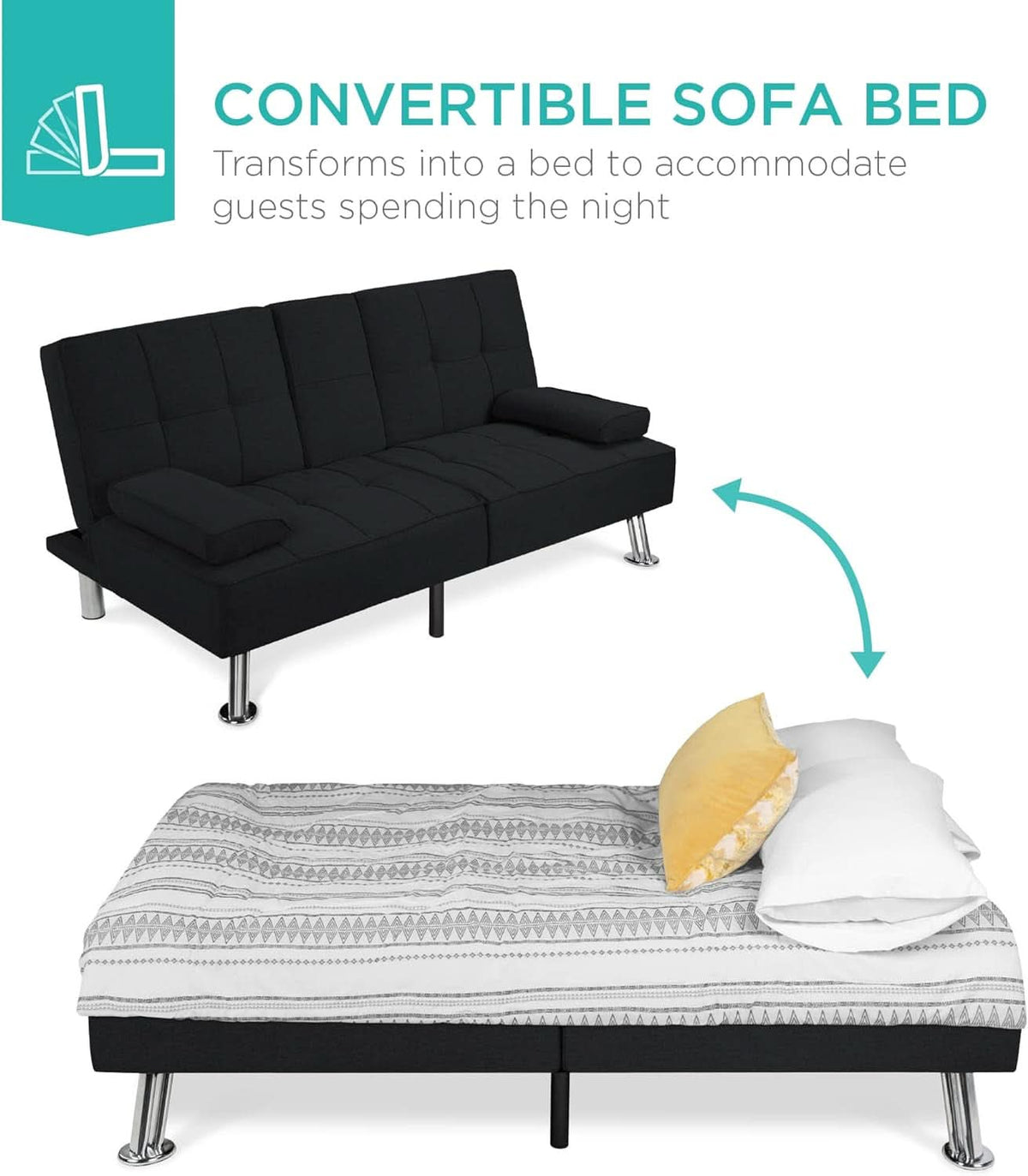 Black Linen Folding Futon Recliner With Cupholders