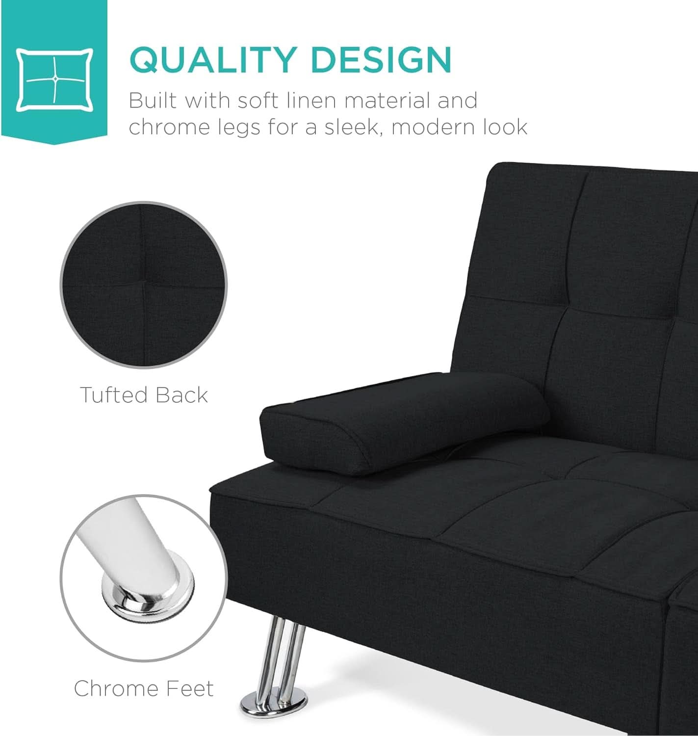 Black Linen Folding Futon Recliner With Cupholders