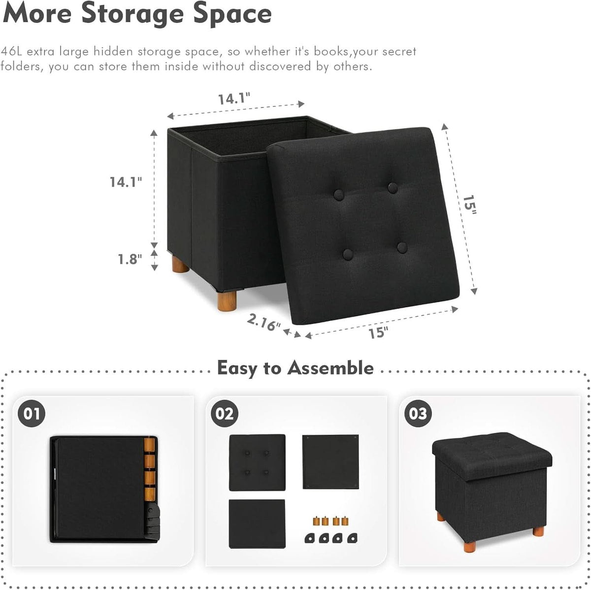 Black Linen Premium Storage Cube Ottoman Tray 15Inch