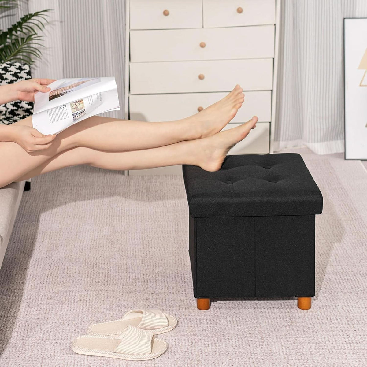 Black Linen Premium Storage Cube Ottoman Tray 15Inch