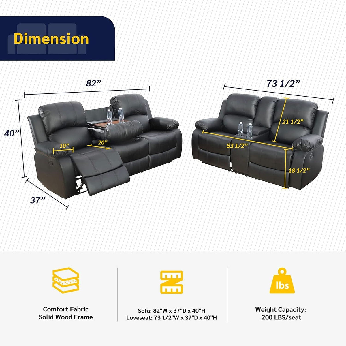 Black Living Room Recliner Set With Love Seat And Sofa
