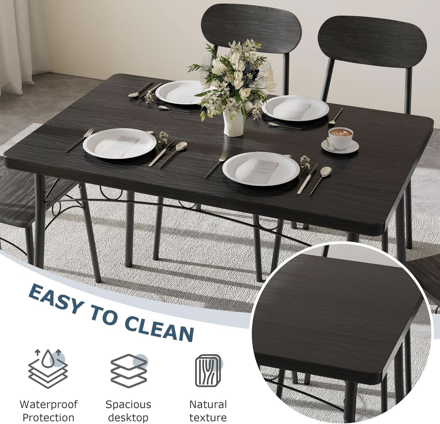 Black MDF Space Saving Dining Room Table Set With Chairs For Four