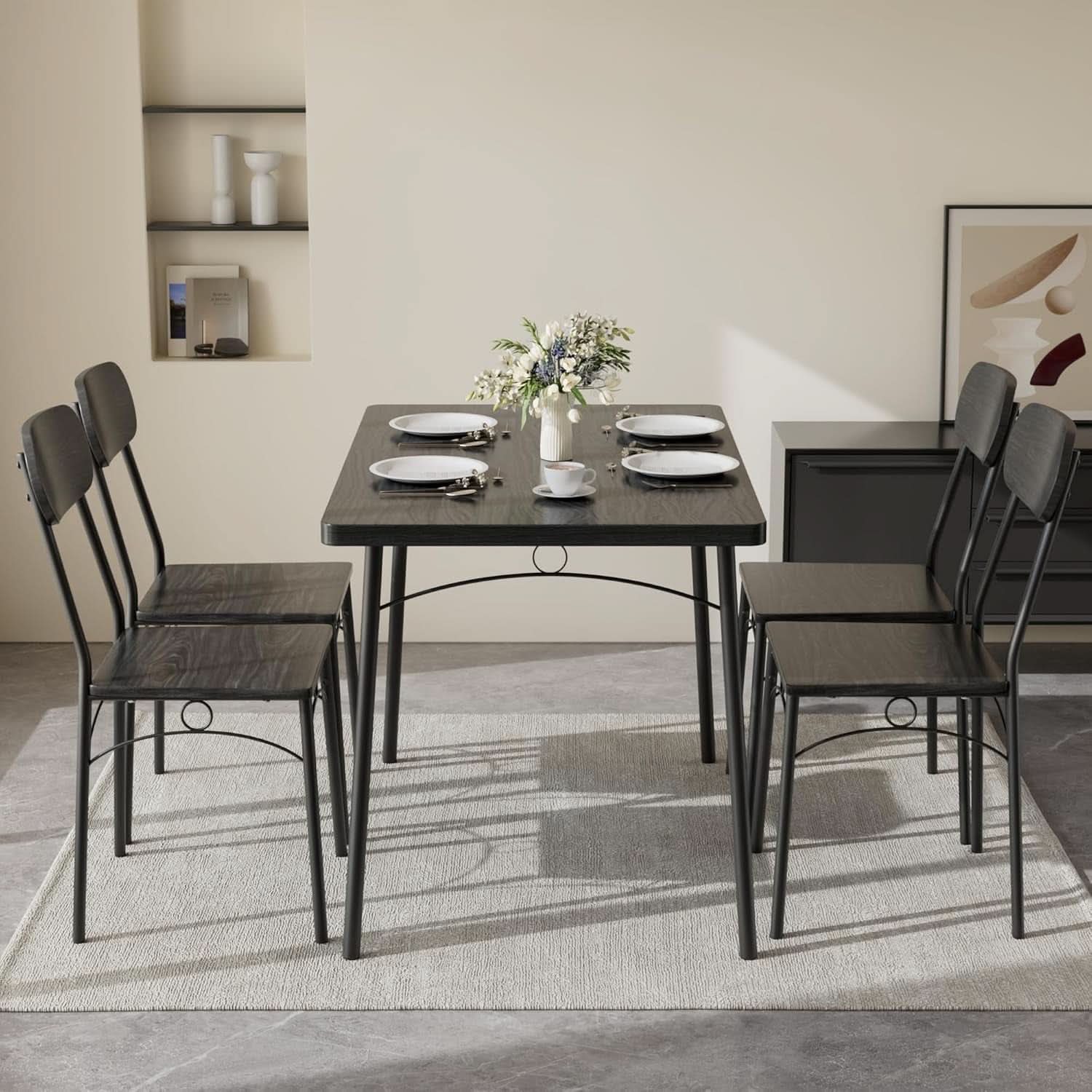 Black MDF Space Saving Dining Room Table Set With Chairs For Four