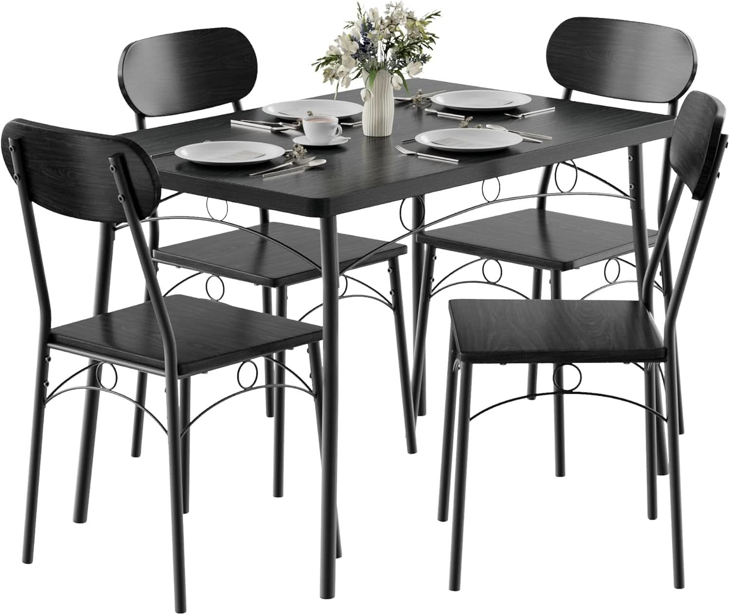 Black MDF Space Saving Dining Room Table Set With Chairs For Four