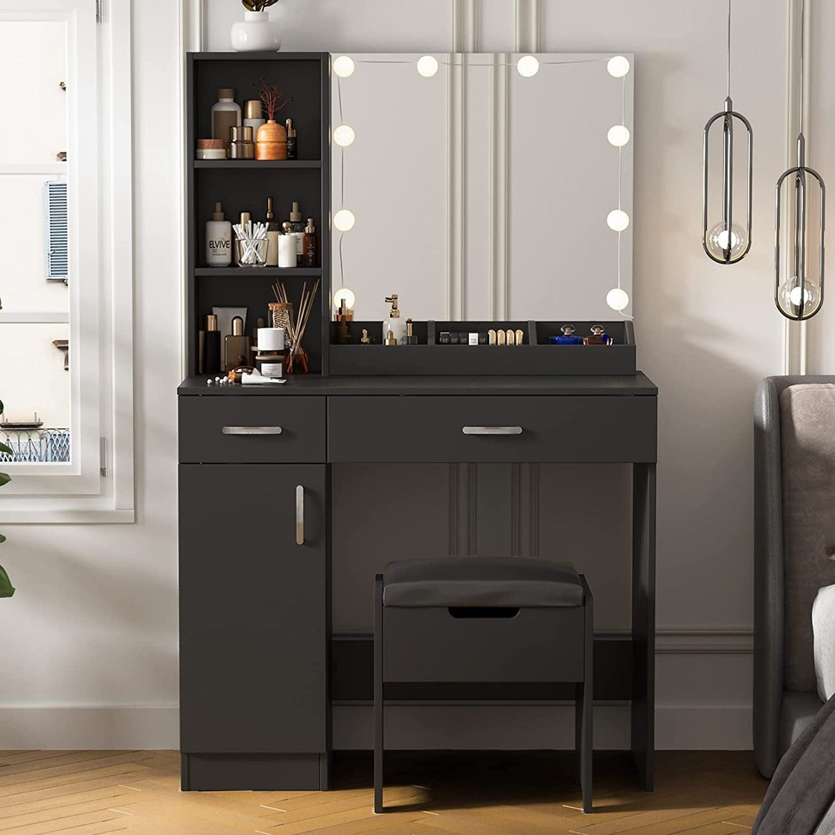 Black Makeup Vanity Desk With Lighted Mirror And 2 Drawers