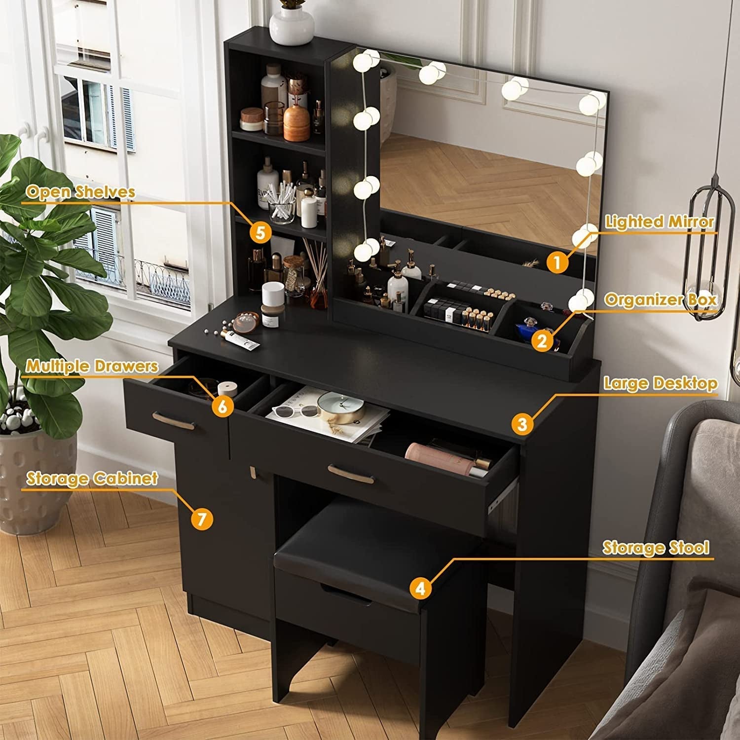 Black Makeup Vanity Desk With Lighted Mirror And 2 Drawers