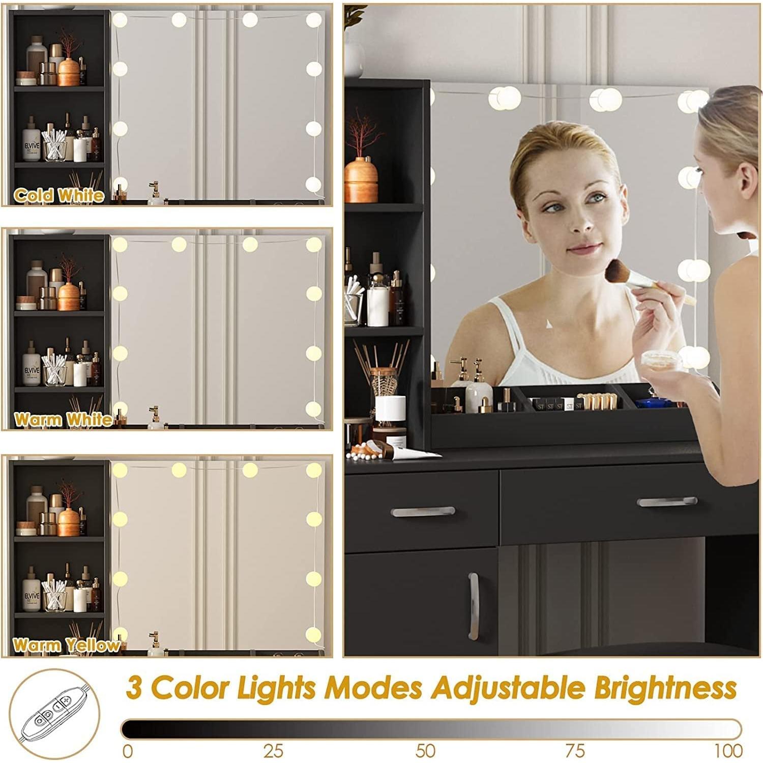 Black Makeup Vanity Desk With Lighted Mirror And 2 Drawers