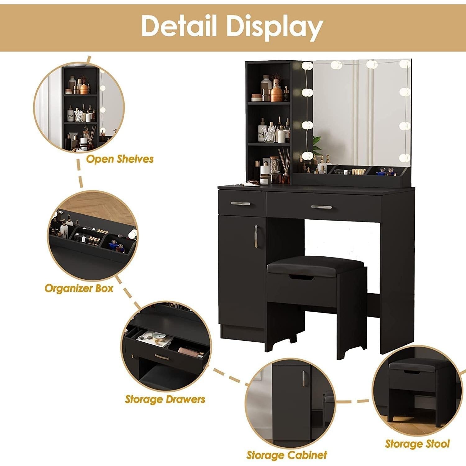 Black Makeup Vanity Desk With Lighted Mirror And 2 Drawers