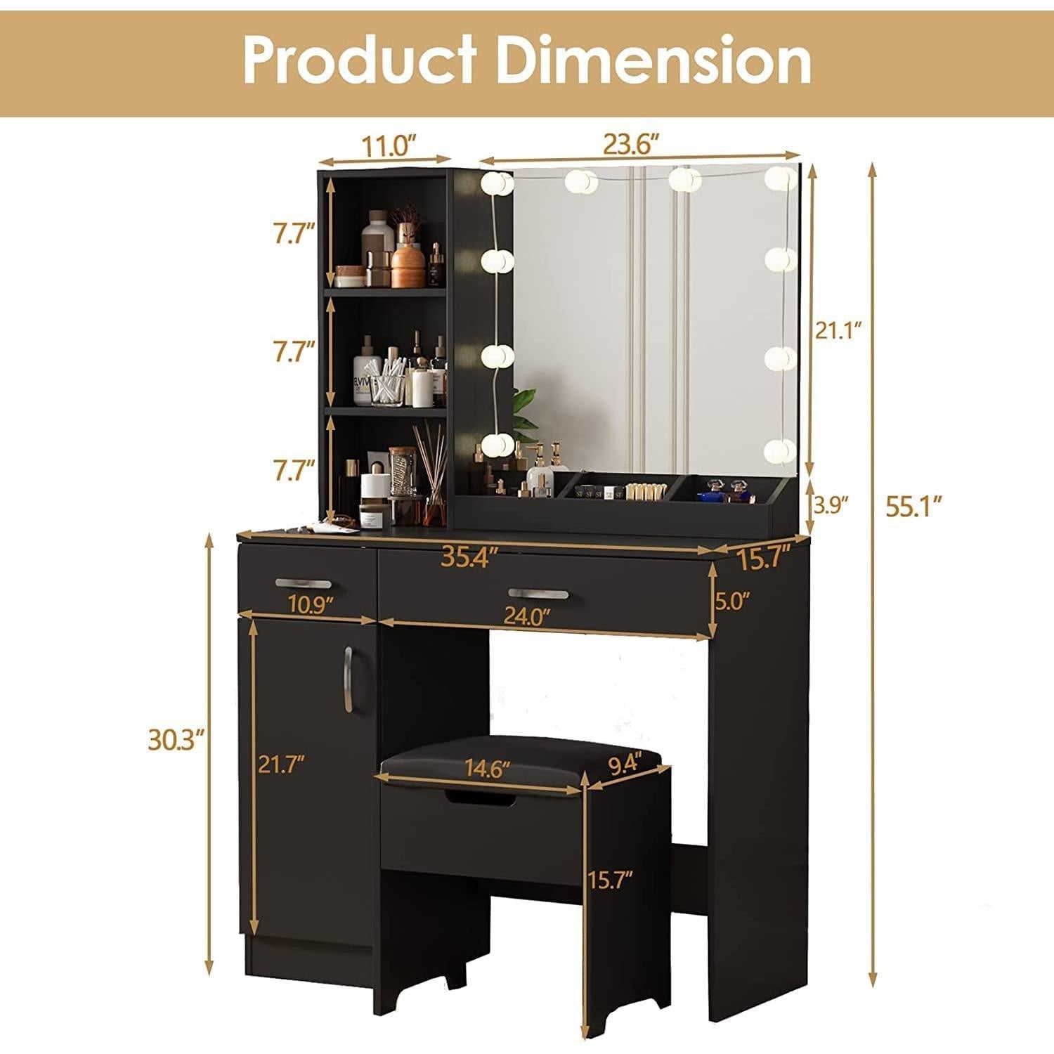 Black Makeup Vanity Desk With Lighted Mirror And 2 Drawers