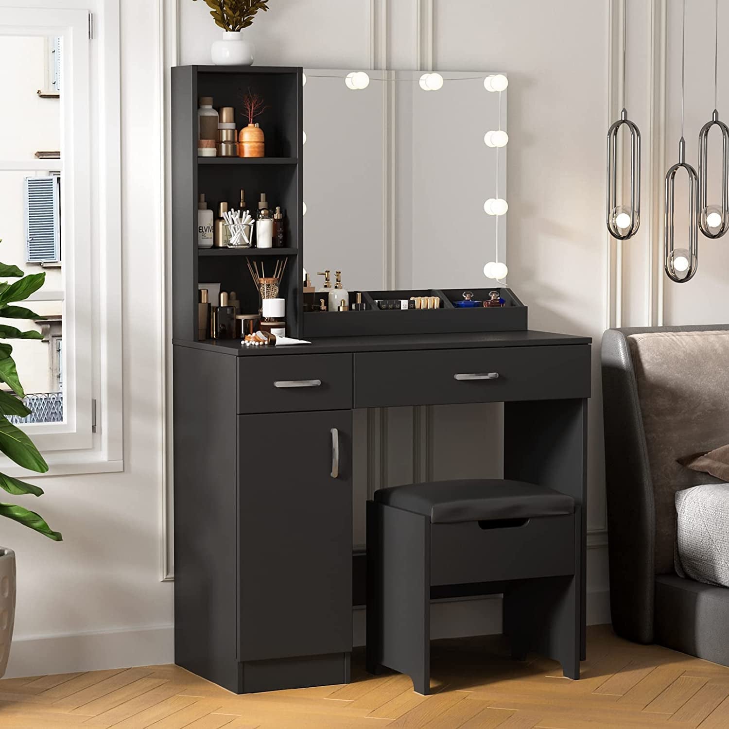 Black Makeup Vanity Desk With Lighted Mirror And 2 Drawers