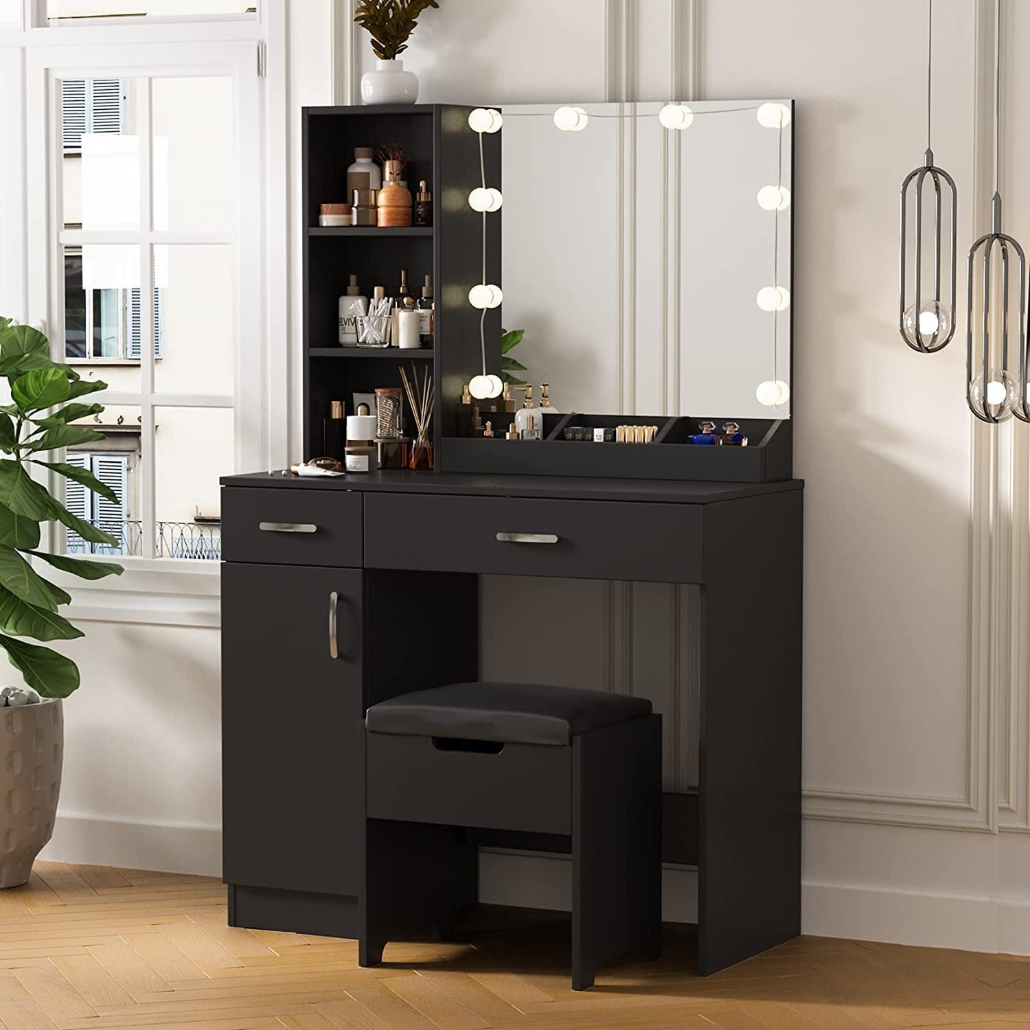 Black Makeup Vanity Desk With Lighted Mirror And 2 Drawers