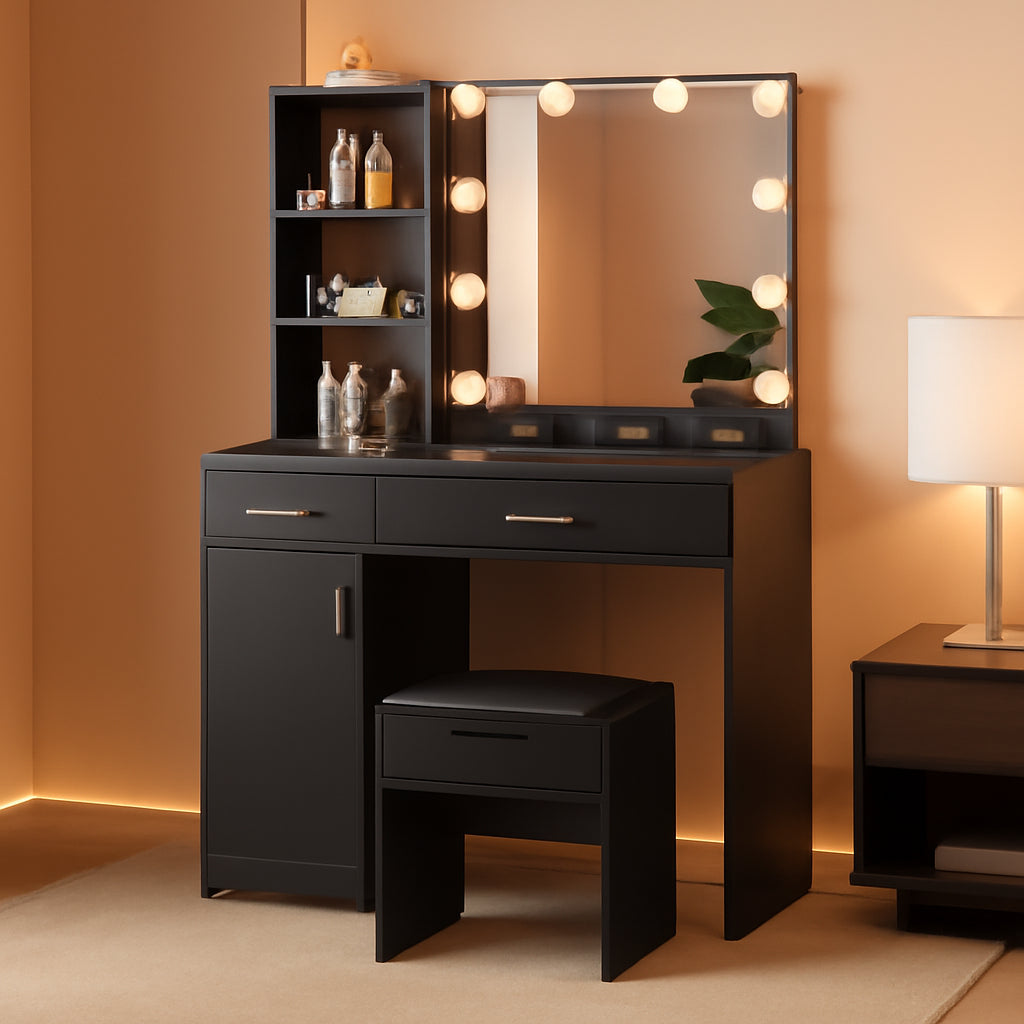 Black Makeup Vanity Desk With Lighted Mirror And 2 Drawers