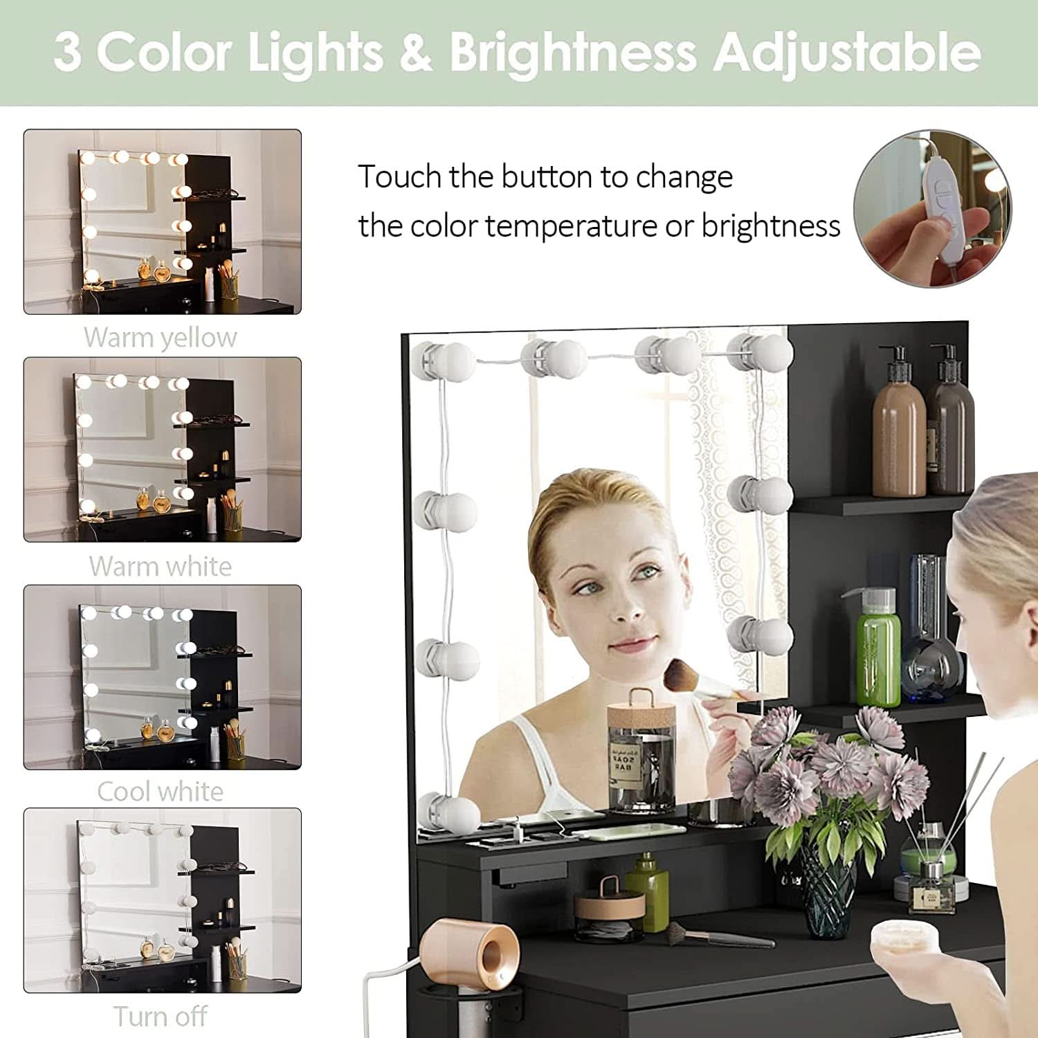 Black Makeup Vanity Table With Lighted Mirror And USB Ports