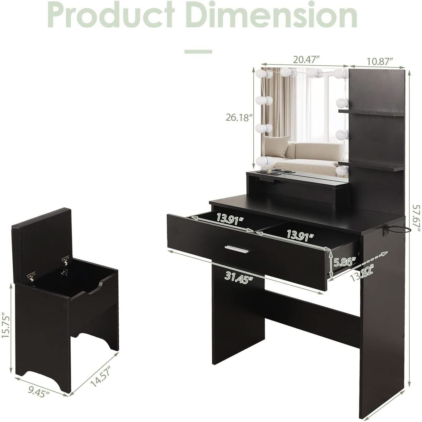 Black Makeup Vanity Table With Lighted Mirror And USB Ports