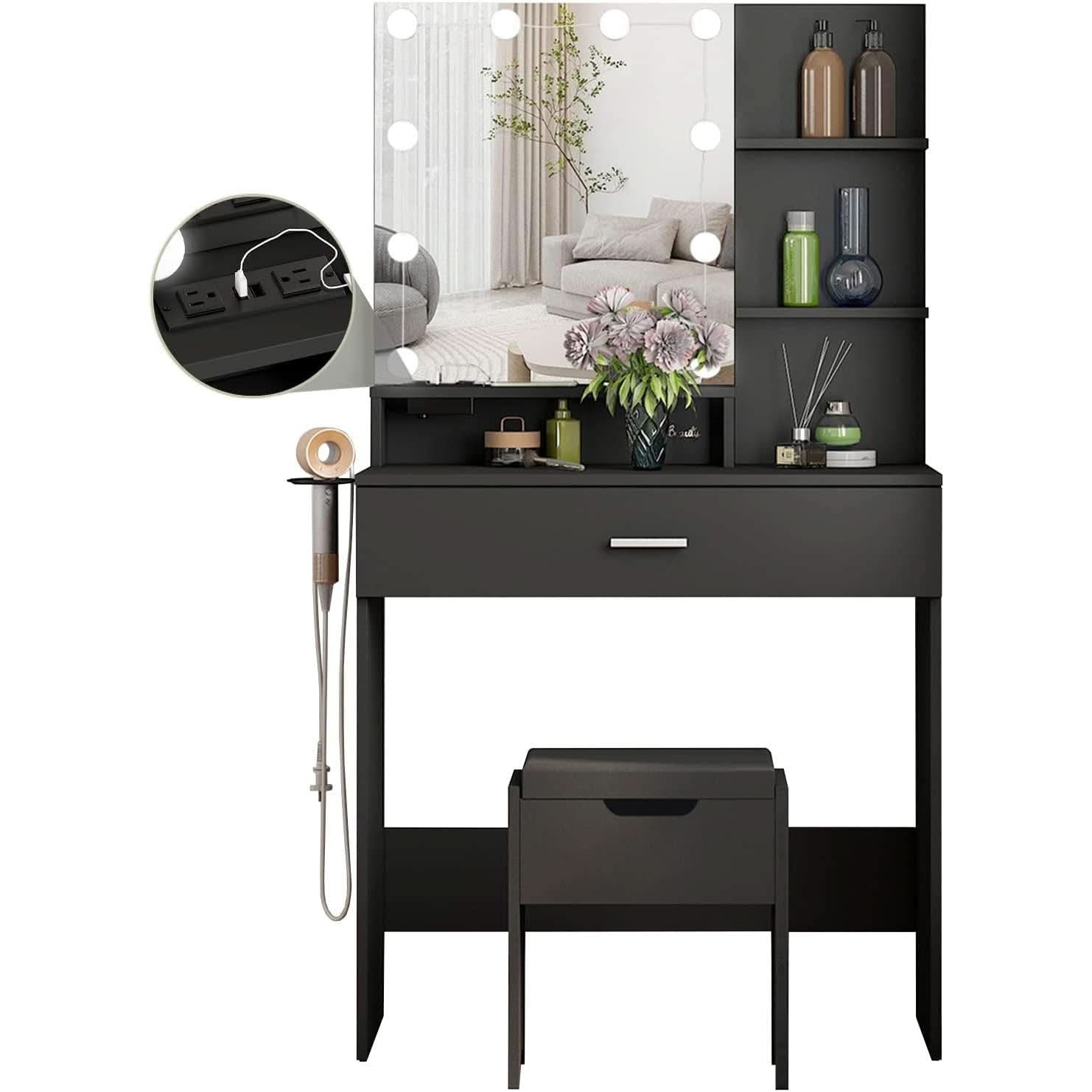 Black Makeup Vanity Table With Lighted Mirror And USB Ports