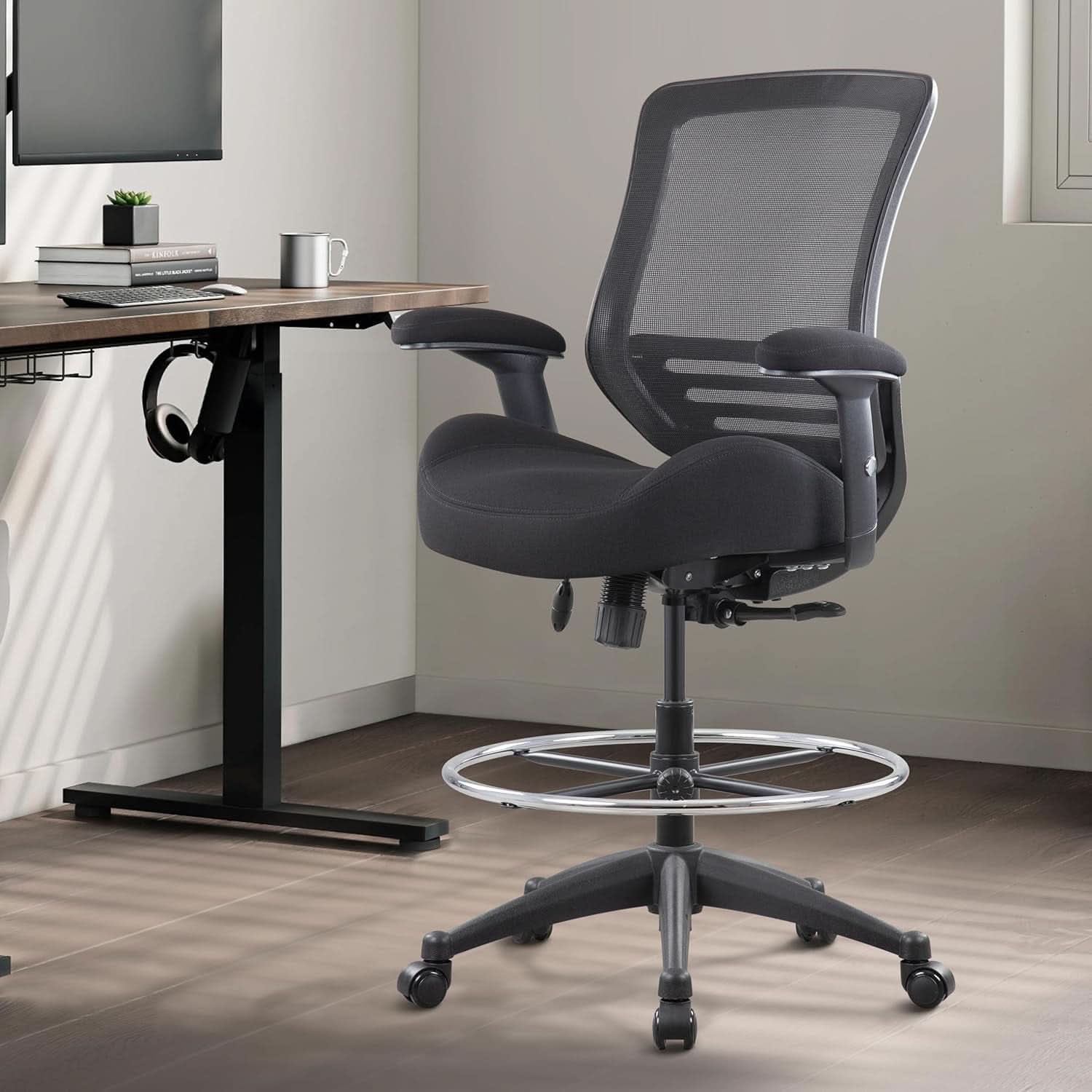 Black Mesh Ergonomic Drafting Chair With Height Adjustable Armrests