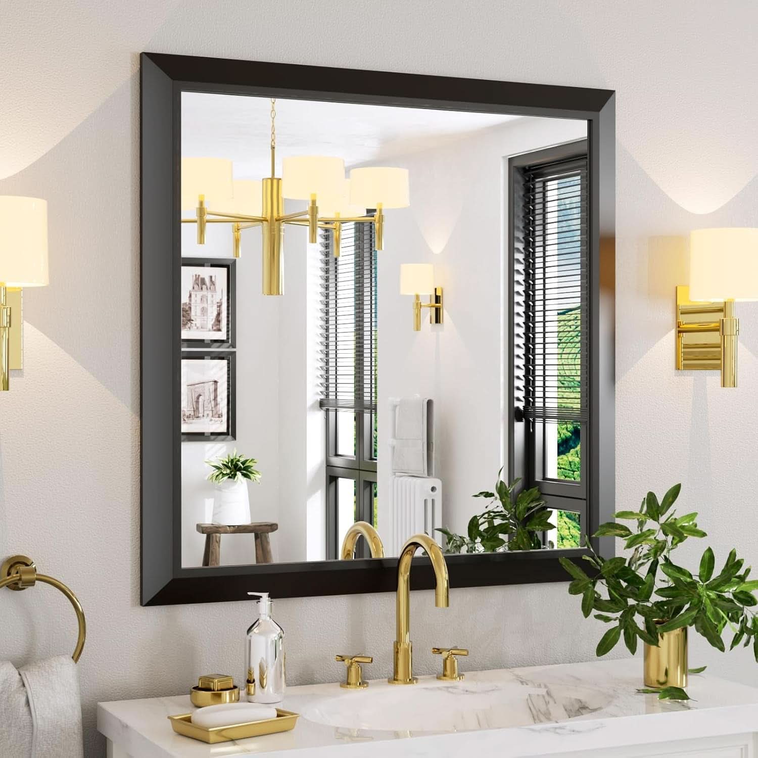 Black Metal Framed Bathroom Mirror 36x36 Inch Wall Mounted