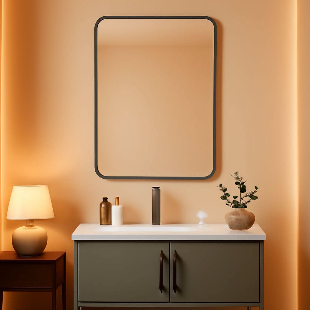 Black Metal Framed Bathroom Wall Mirror With Thin Frame