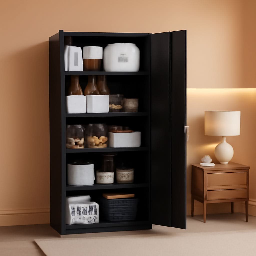 Black Metal Storage Cabinet With Lock And Shelves Garage