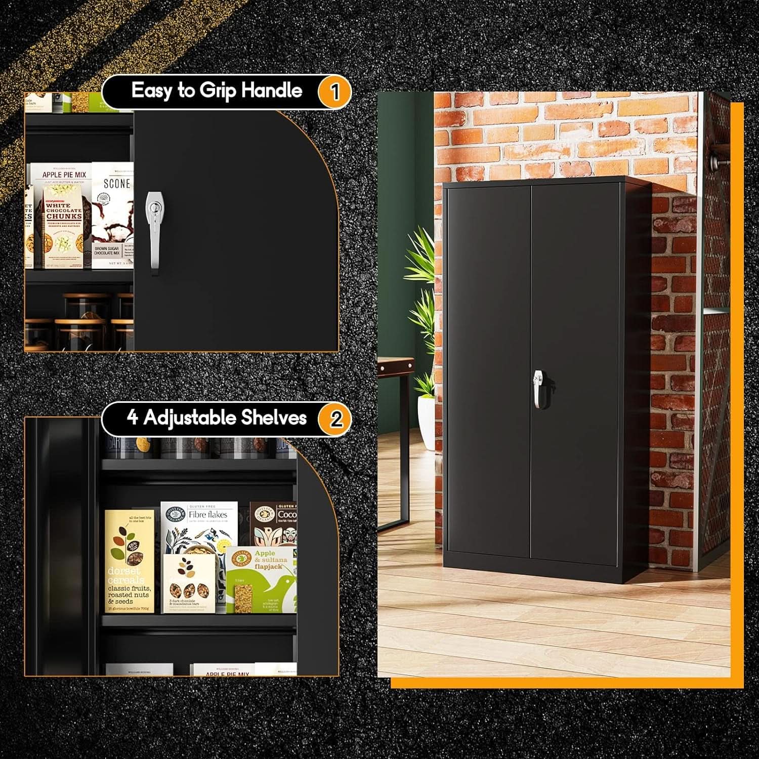 Black Metal Storage Cabinet With Lockable Shelves Heavy Duty