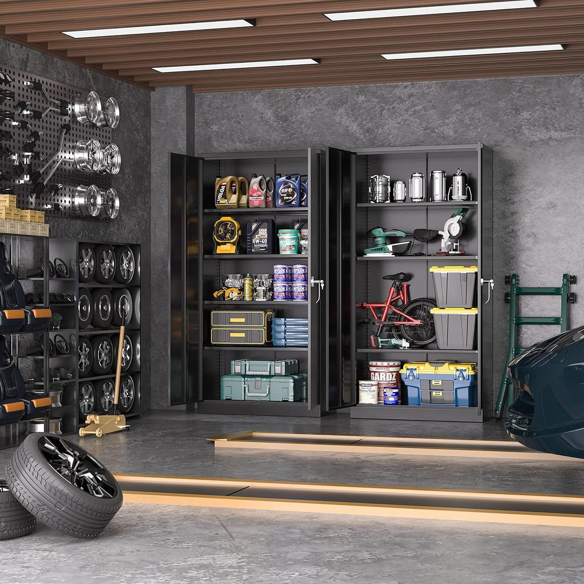 Black Metal Storage Cabinet With Lockable Shelves Heavy Duty