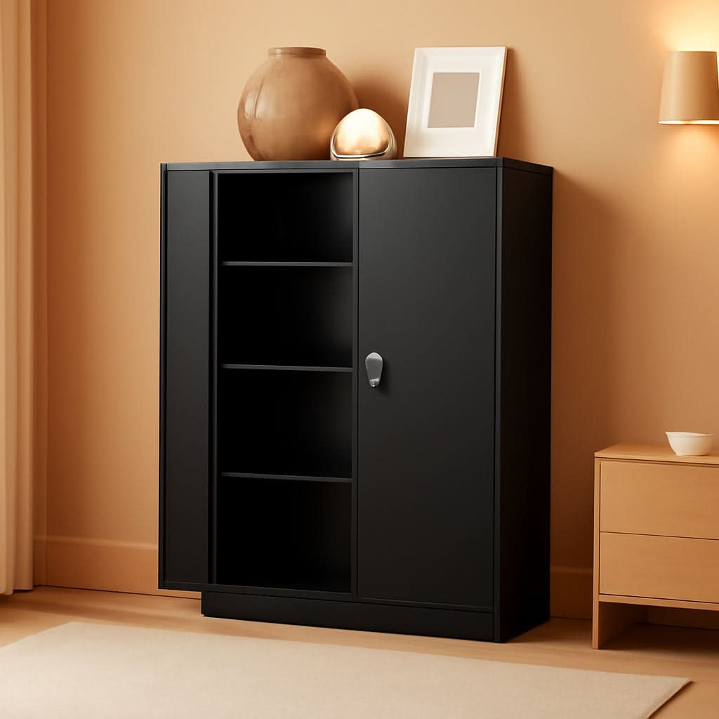 Black Metal Storage Cabinet With Lockable Shelves Heavy Duty