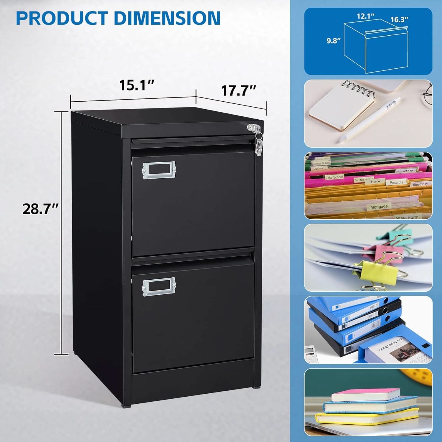 Black Metal Vertical File Cabinet With Lock 2 Drawers