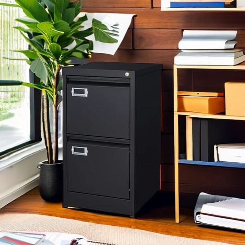 Black Metal Vertical File Cabinet With Lock 2 Drawers