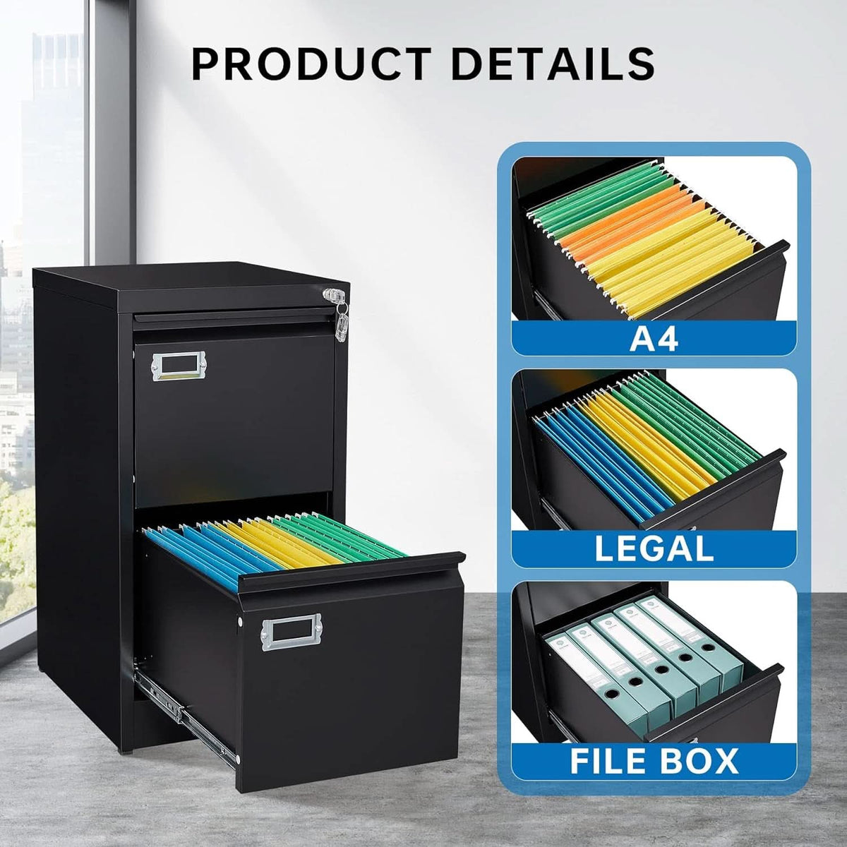 Black Metal Vertical File Cabinet With Lock 2 Drawers