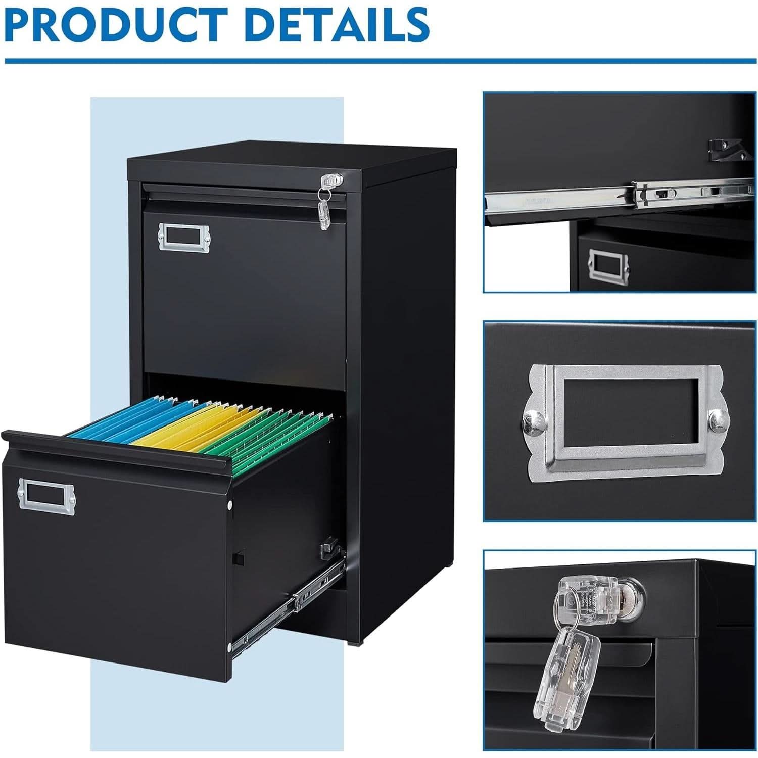Black Metal Vertical File Cabinet With Lock 2 Drawers
