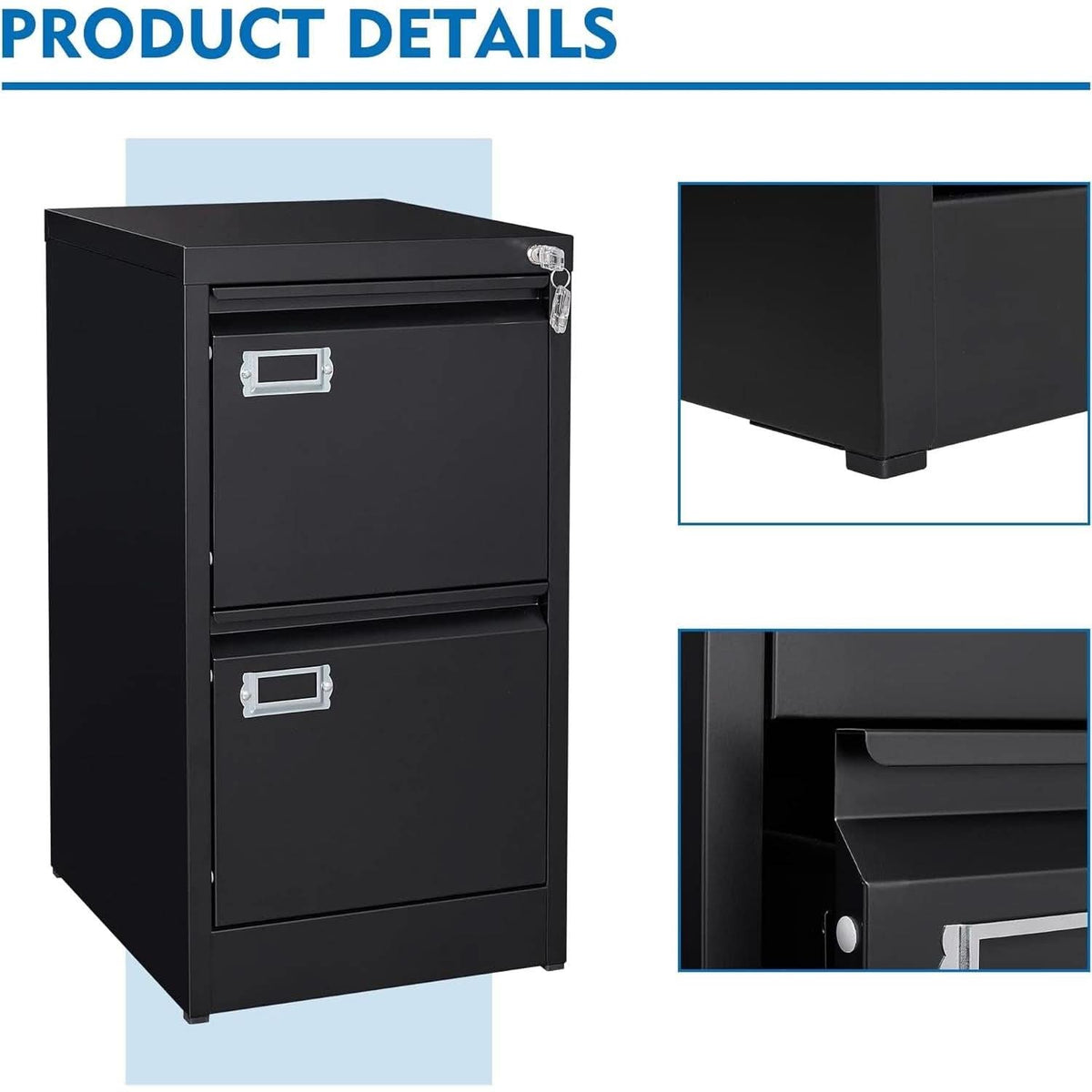 Black Metal Vertical File Cabinet With Lock 2 Drawers