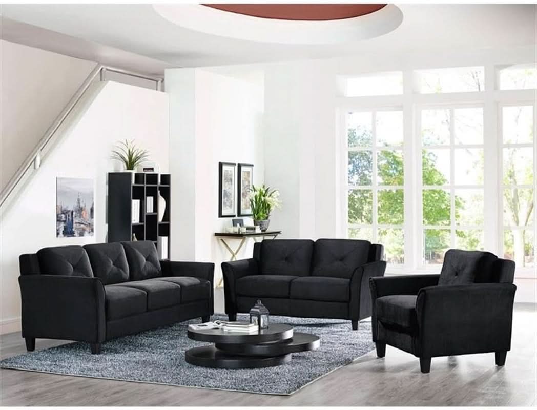 Black Microfiber Modern Sofa Set 3 Piece Chair Loveseat