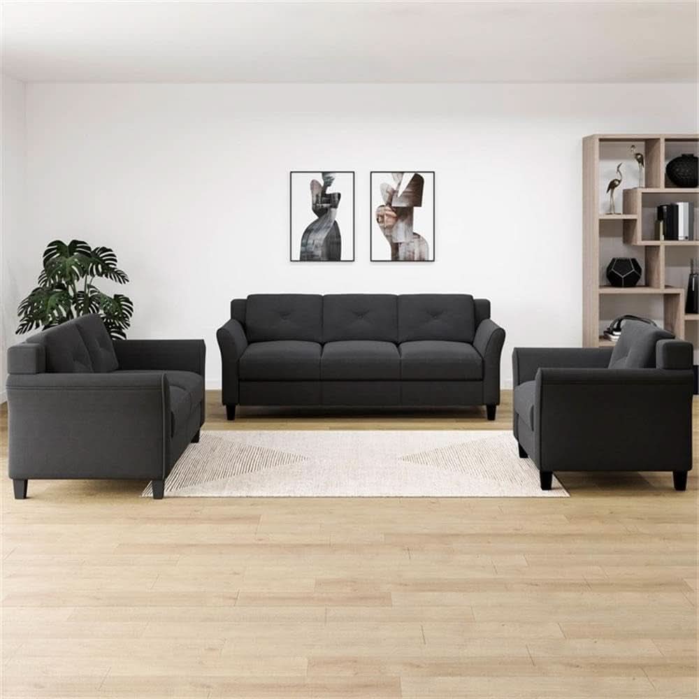 Black Microfiber Modern Sofa Set 3 Piece Chair Loveseat