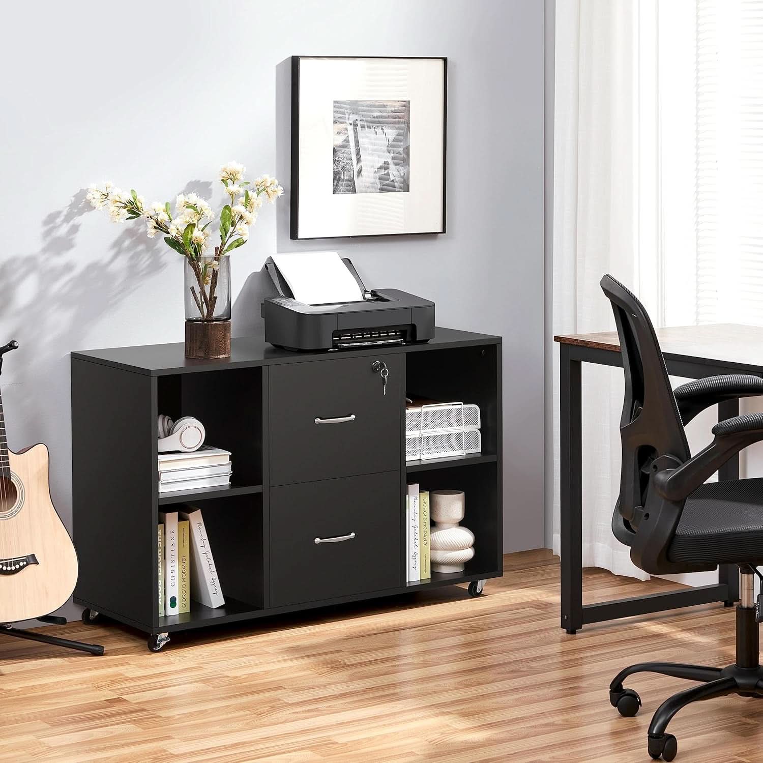 Black Mobile Lateral File Cabinet With 2 Drawers And 4 Open Compartments