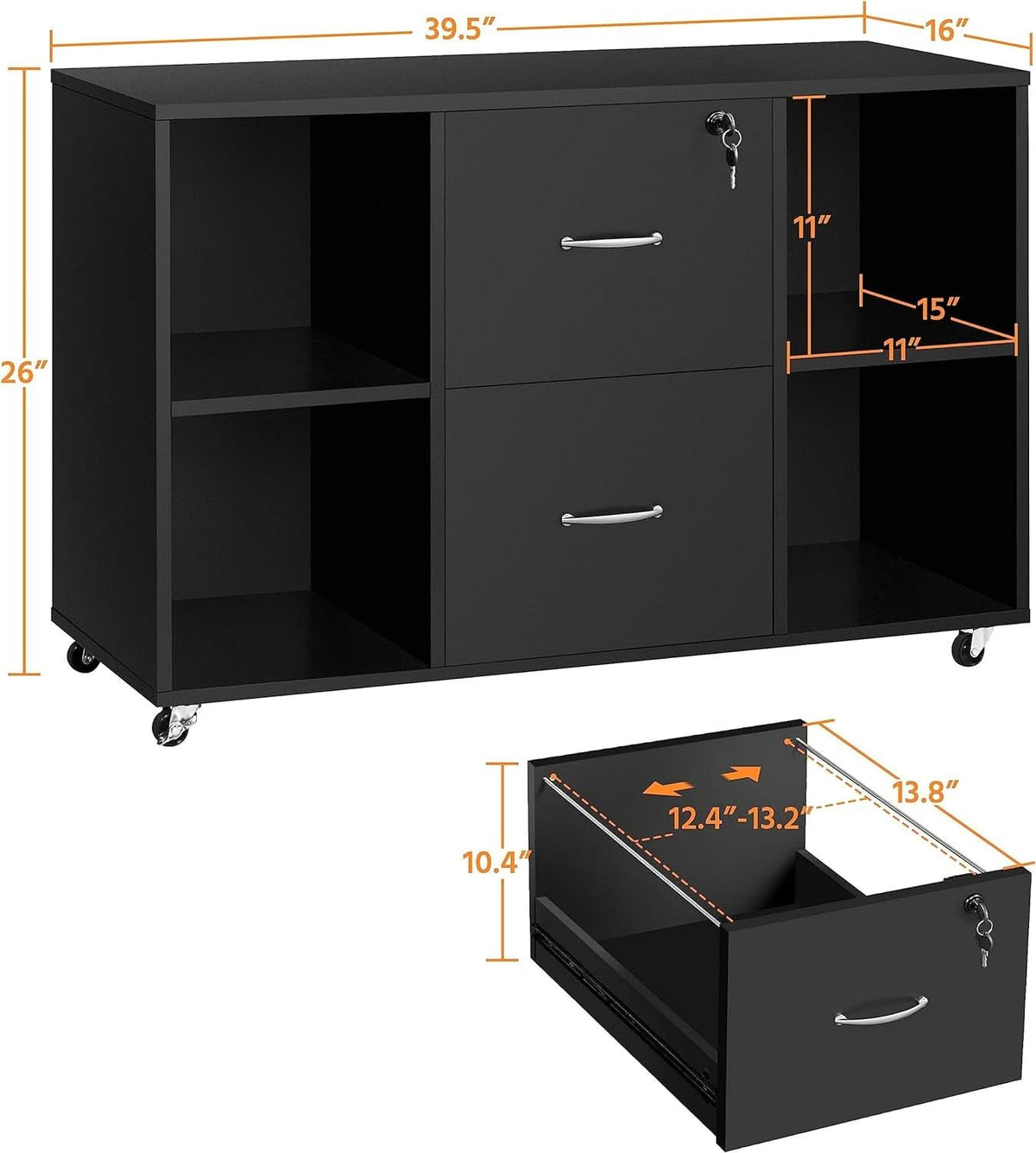 Black Mobile Lateral File Cabinet With 2 Drawers And 4 Open Compartments