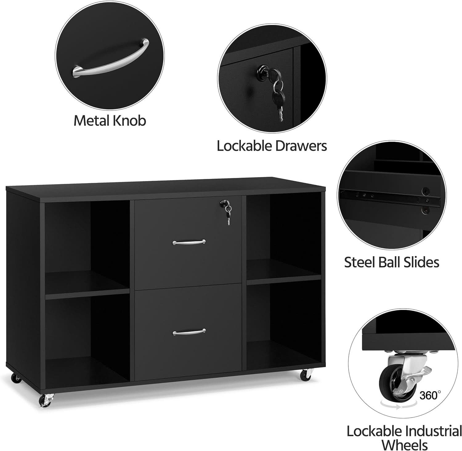 Black Mobile Lateral File Cabinet With 2 Drawers And 4 Open Compartments