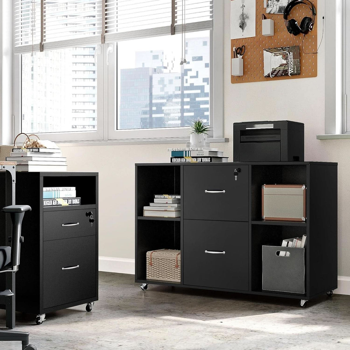 Black Mobile Lateral File Cabinet With 2 Drawers And 4 Open Compartments