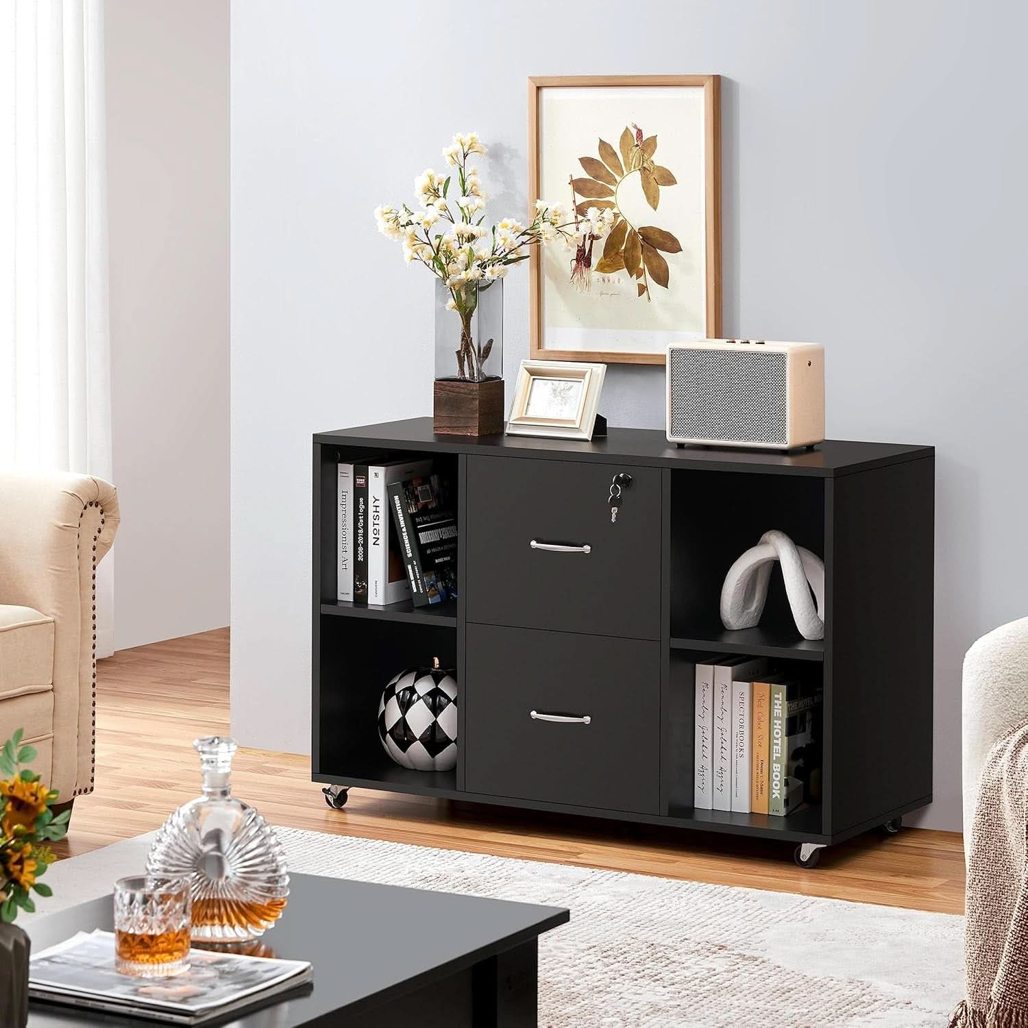 Black Mobile Lateral File Cabinet With 2 Drawers And 4 Open Compartments