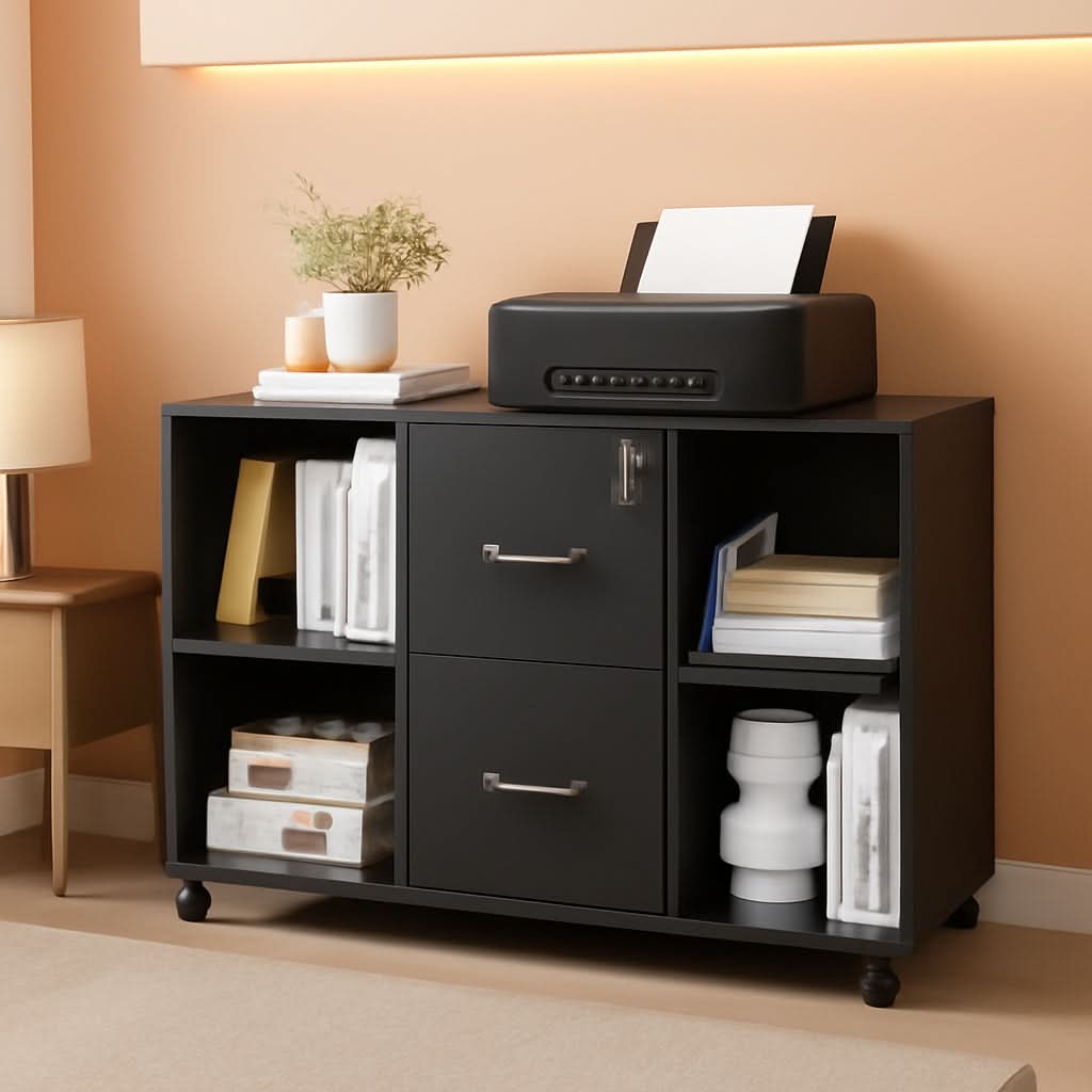 Black Mobile Lateral File Cabinet With 2 Drawers And 4 Open Compartments