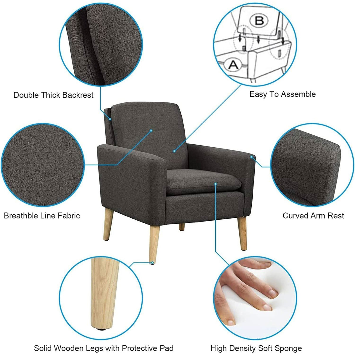 Black Modern Accent Armchair With Ergonomic Deep Seat For Living Room