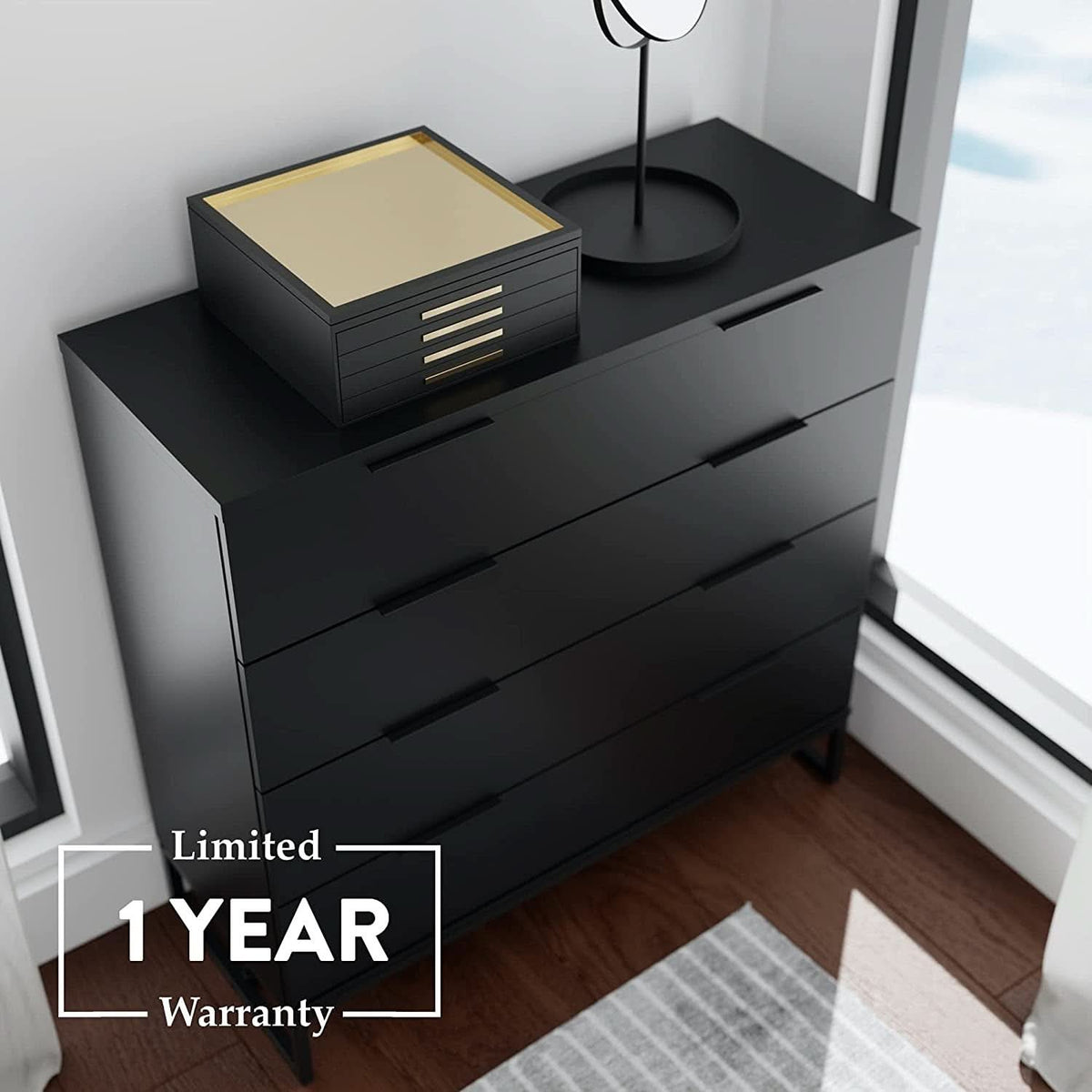 Black Modern Four Drawer Dresser Storage Chest For Bedroom