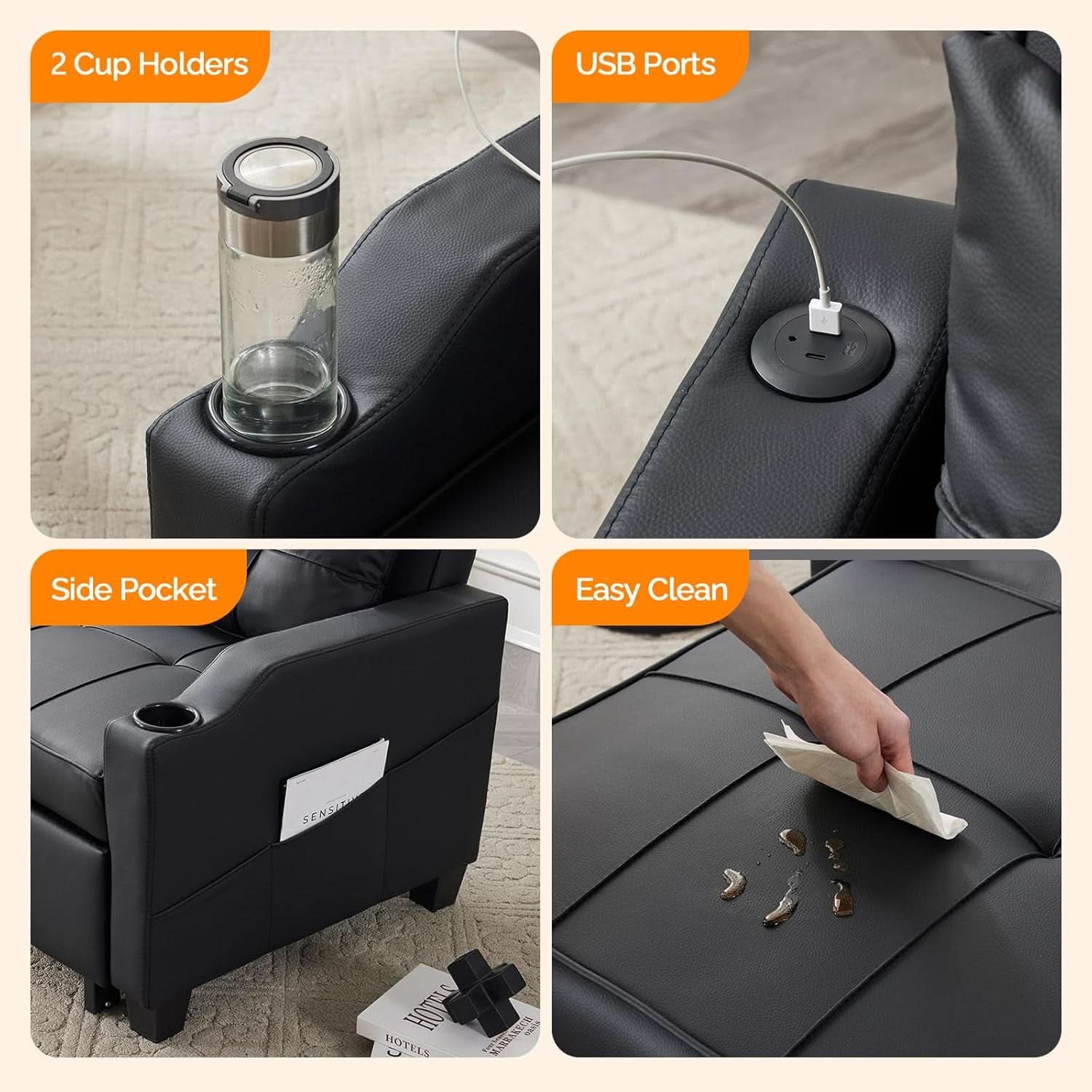 Black Multifunctional Sleeper Chair Sofa Bed Usb Ports
