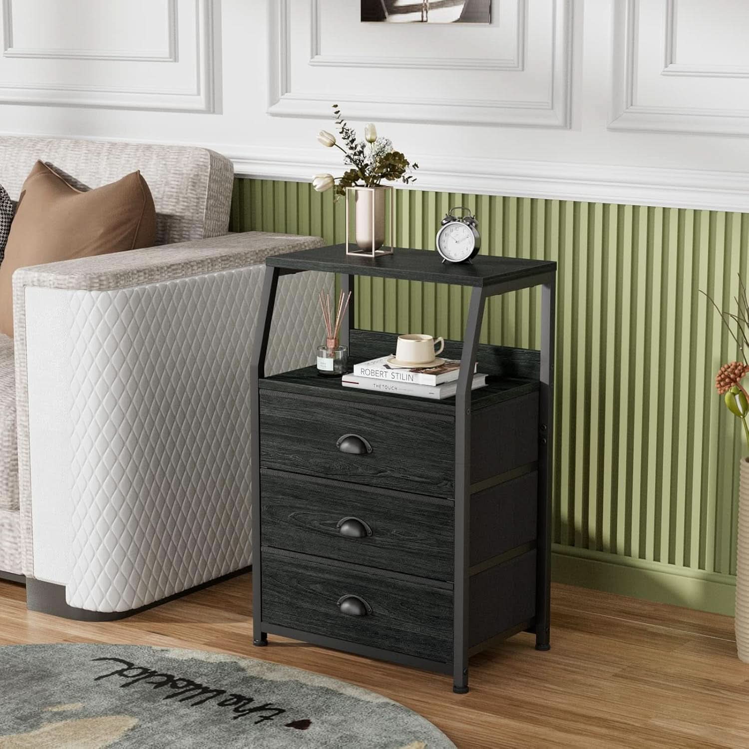 Black Night Stand With 3 Fabric Drawers And 2 Tier Shelf
