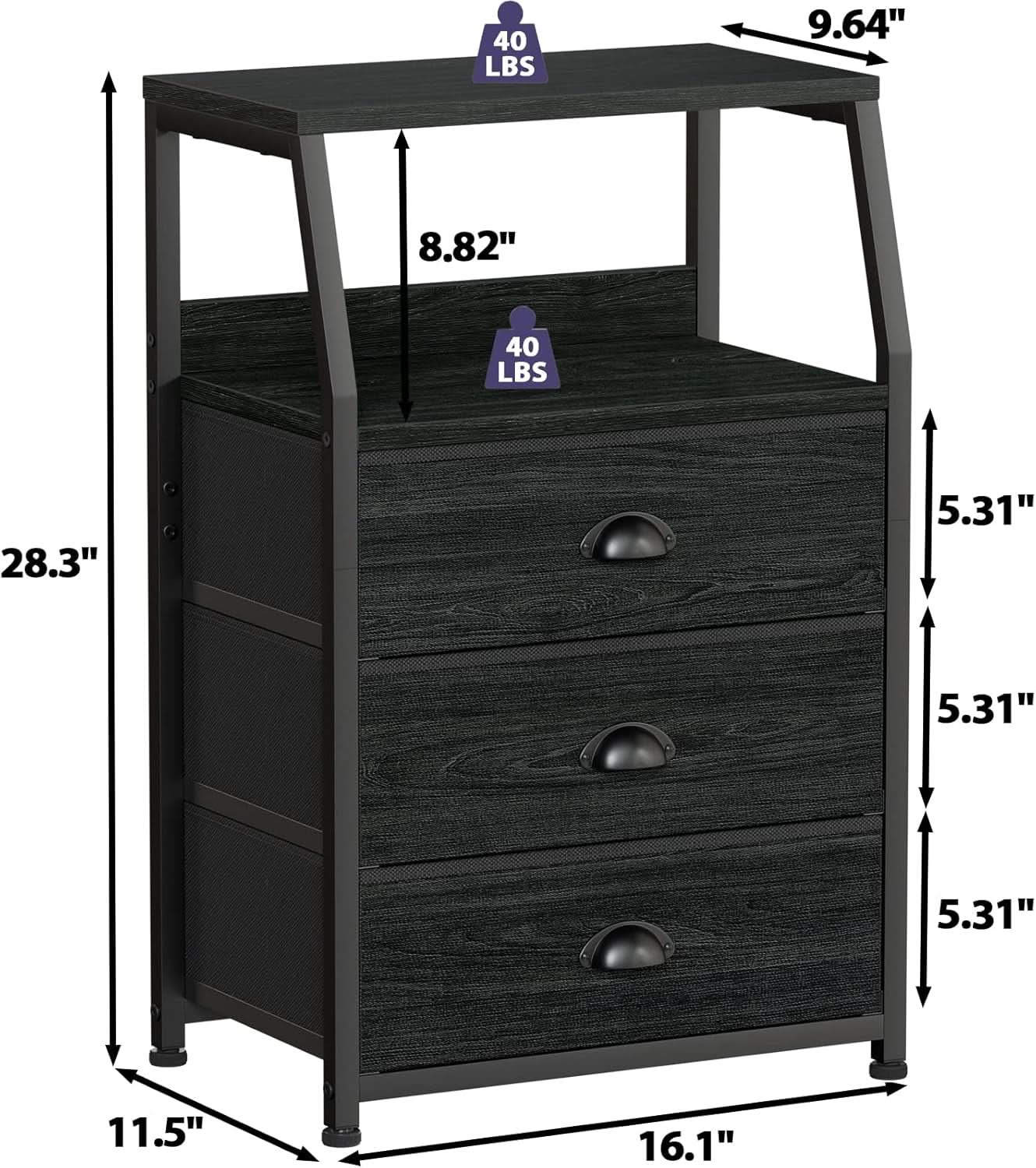 Black Night Stand With 3 Fabric Drawers And 2 Tier Shelf