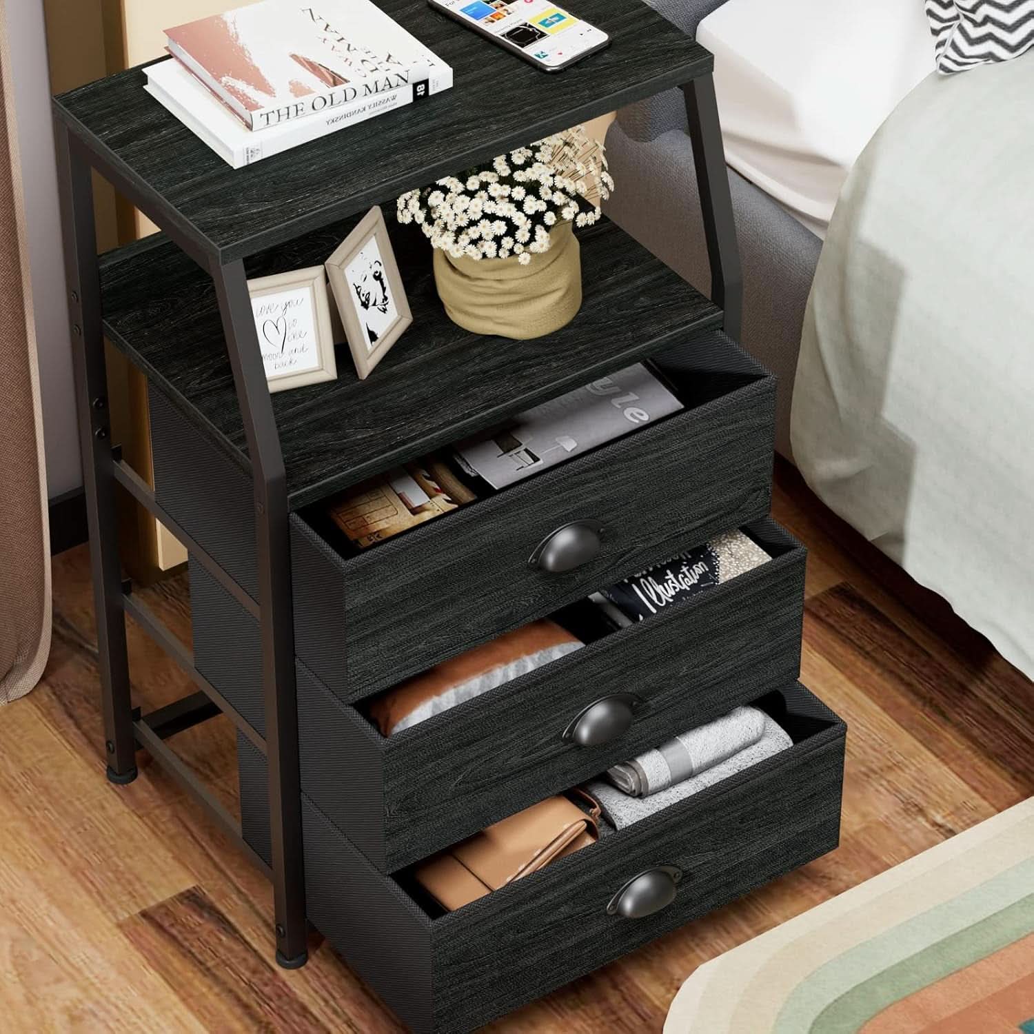 Black Night Stand With 3 Fabric Drawers And 2 Tier Shelf